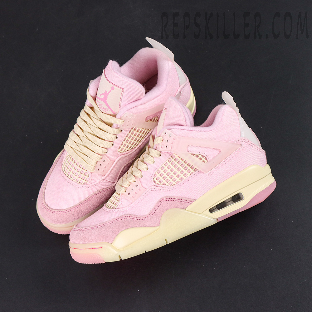 Air Jordan 4 pink colorway top view with canvas and suede construction