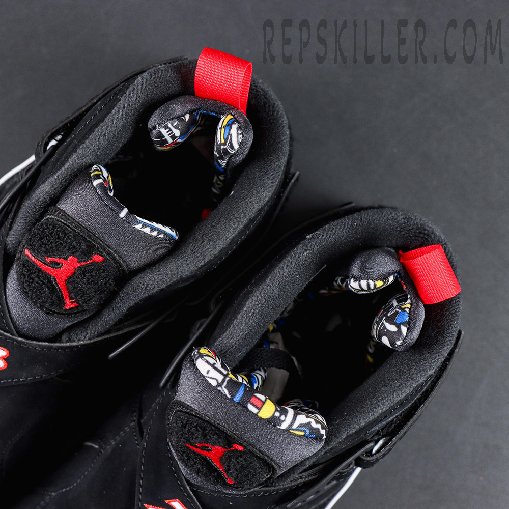 Air Jordan 8 Playoff inner lining detail with red Jumpman embroidery and multicolor graphic lining