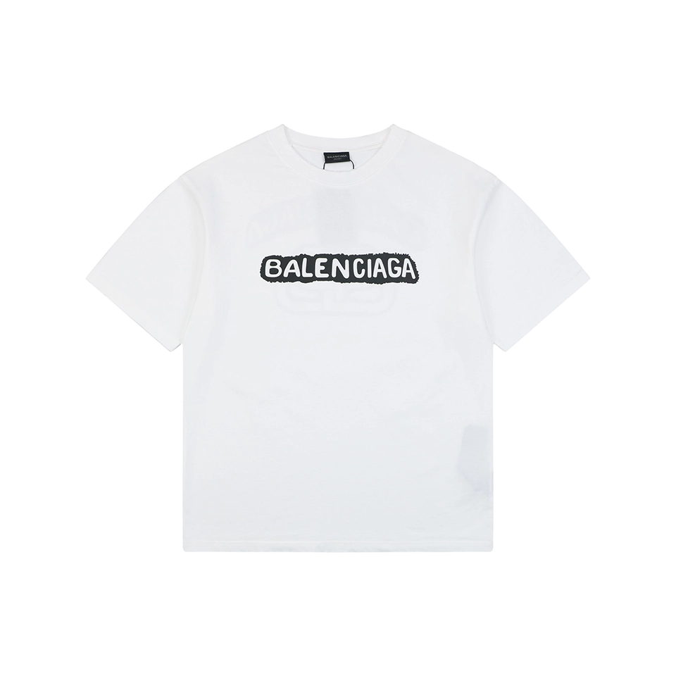 Balenciaga Distressed Logo Print Cotton T-Shirt White Front view