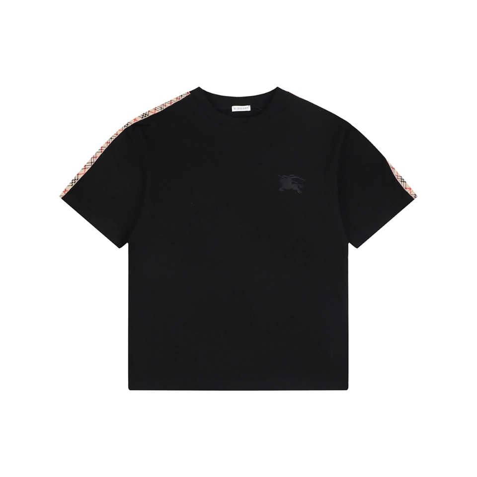 Burberry Check Panel Equestrian Knight Embroidered T-Shirt Black Front view