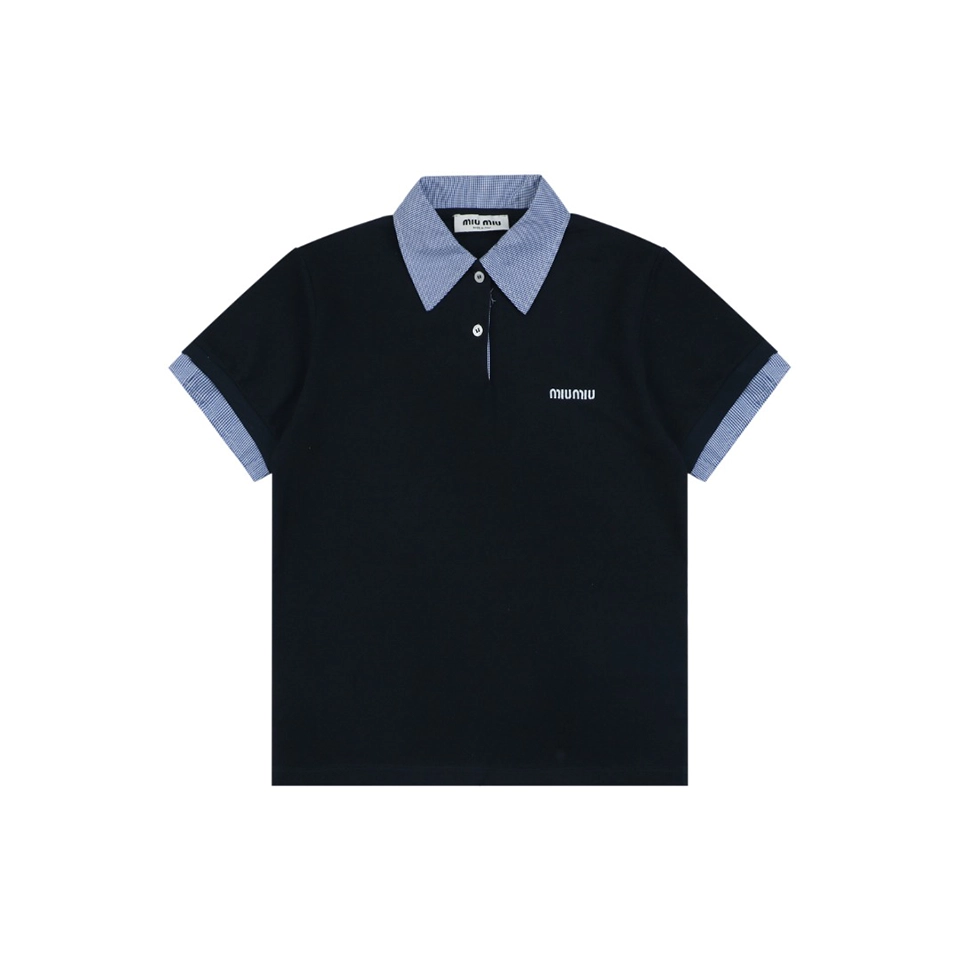 Miu Miu Layered Check Collar Polo Shirt Front view