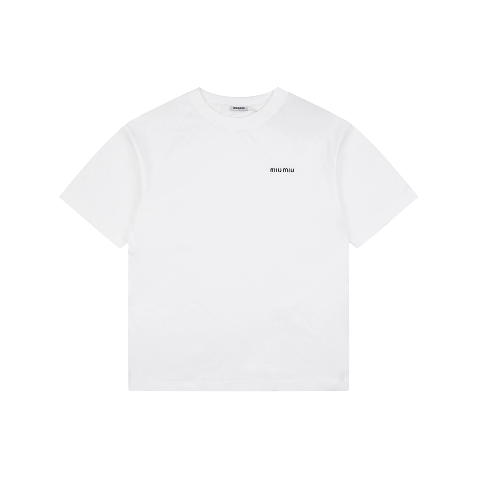 Miu Miu Mini Logo Embroidered T-Shirt White Front view