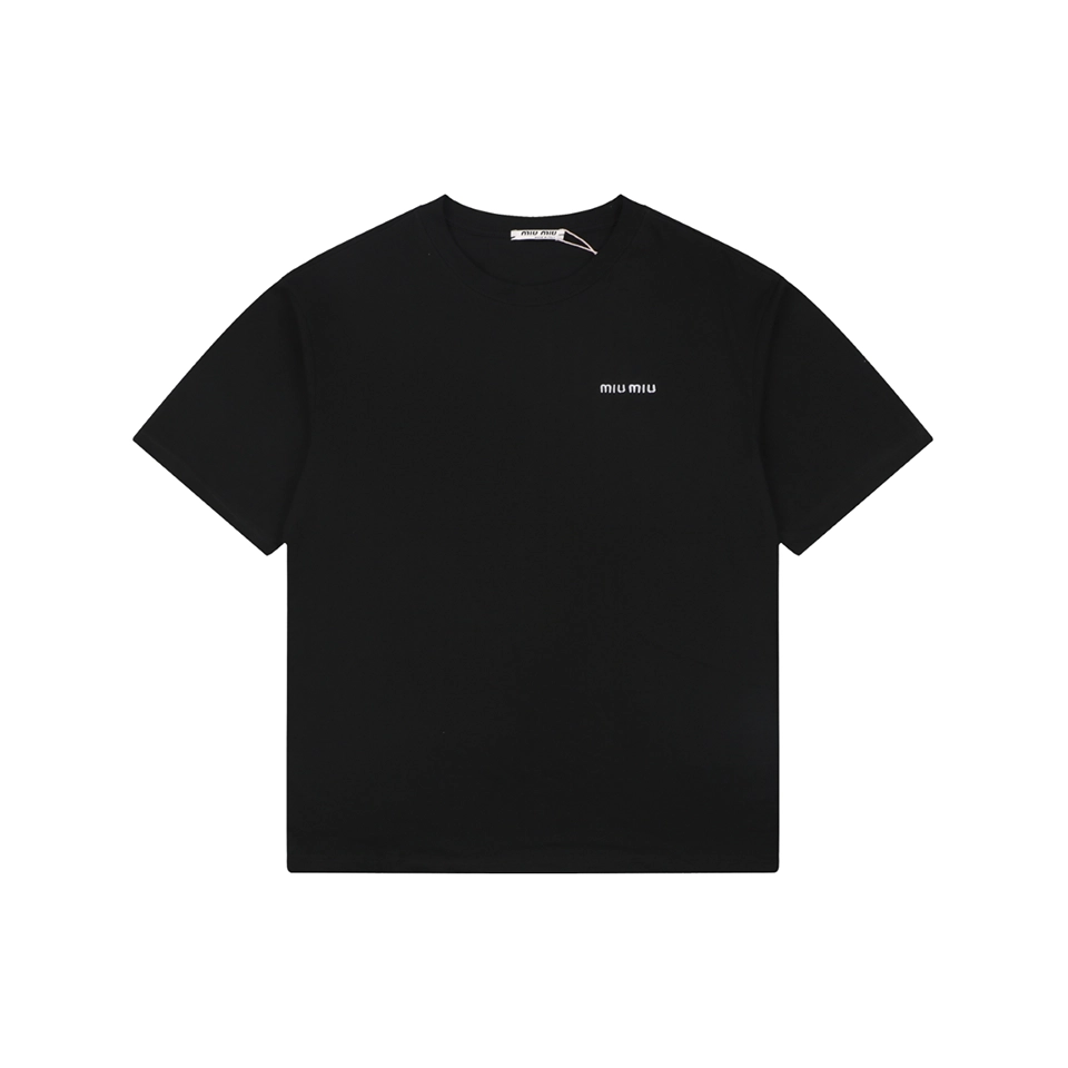 Miu Miu Mini Logo Embroidered T-Shirt Black Front view