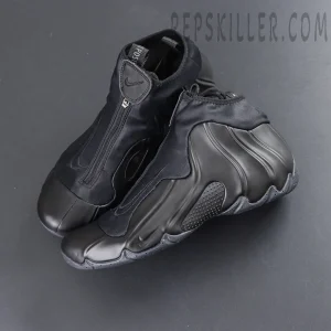 Nike Air Flightposite Black top view with zip-up shroud and sculpted Foamposite shell