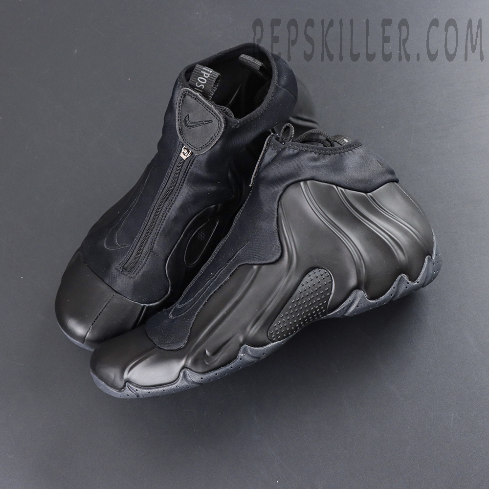 Nike Air Flightposite Black top view with zip-up shroud and sculpted Foamposite shell