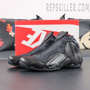 Nike Air Flightposite Black lateral view with zippered shroud upper