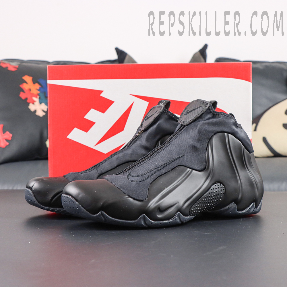 Nike Air Flightposite Black lateral view with zippered shroud upper