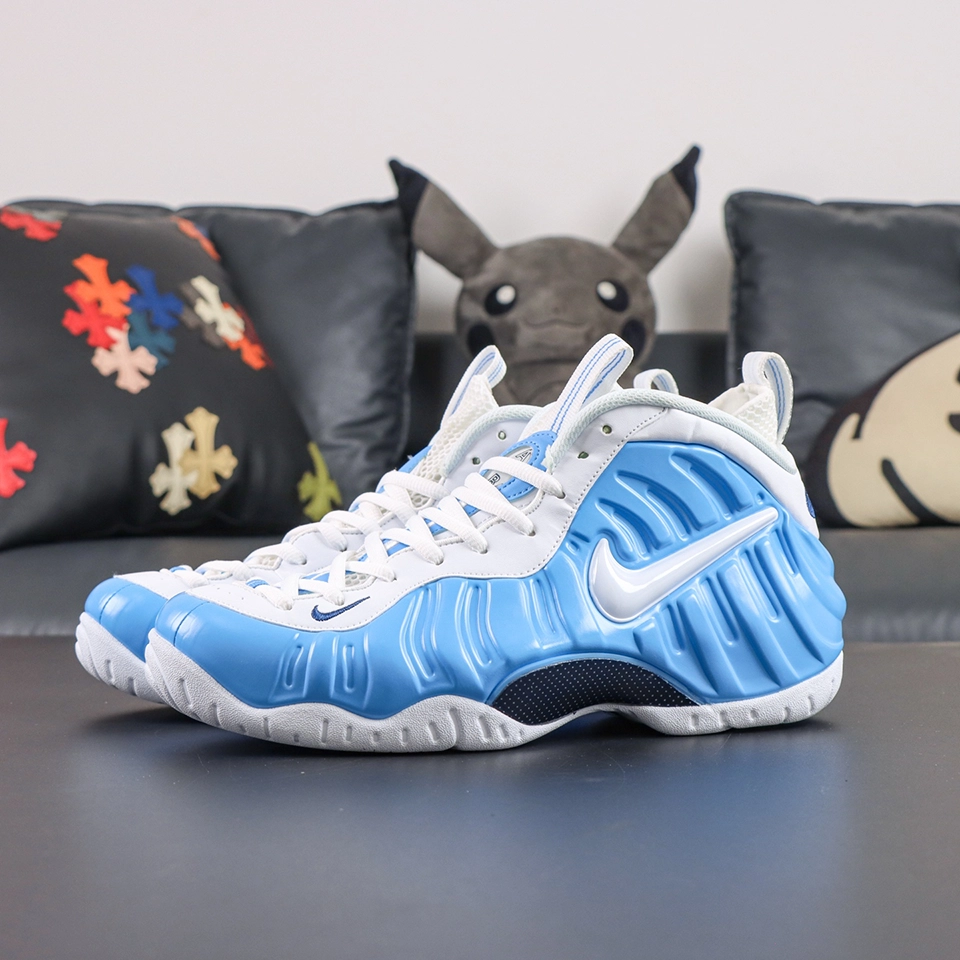 Nike Air Foamposite Pro University Blue lateral view with iconic Foamposite shell