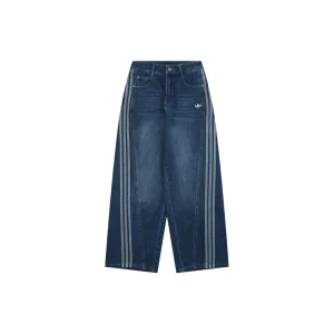 Adidas Originals Three-Stripe Denim Wide-Leg Pants Blue Front view