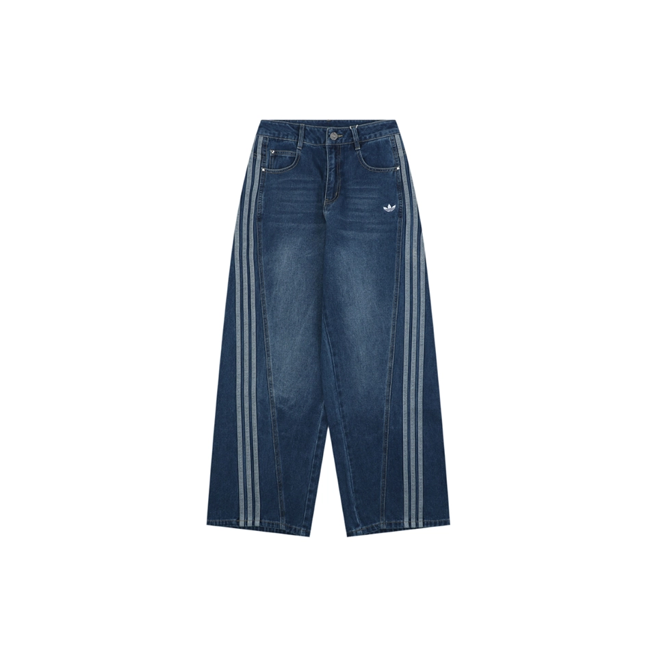 Adidas Originals Three-Stripe Denim Wide-Leg Pants Blue Front view