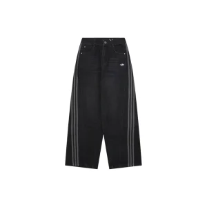 Adidas Originals Three-Stripe Denim Wide-Leg Pants Black Front view