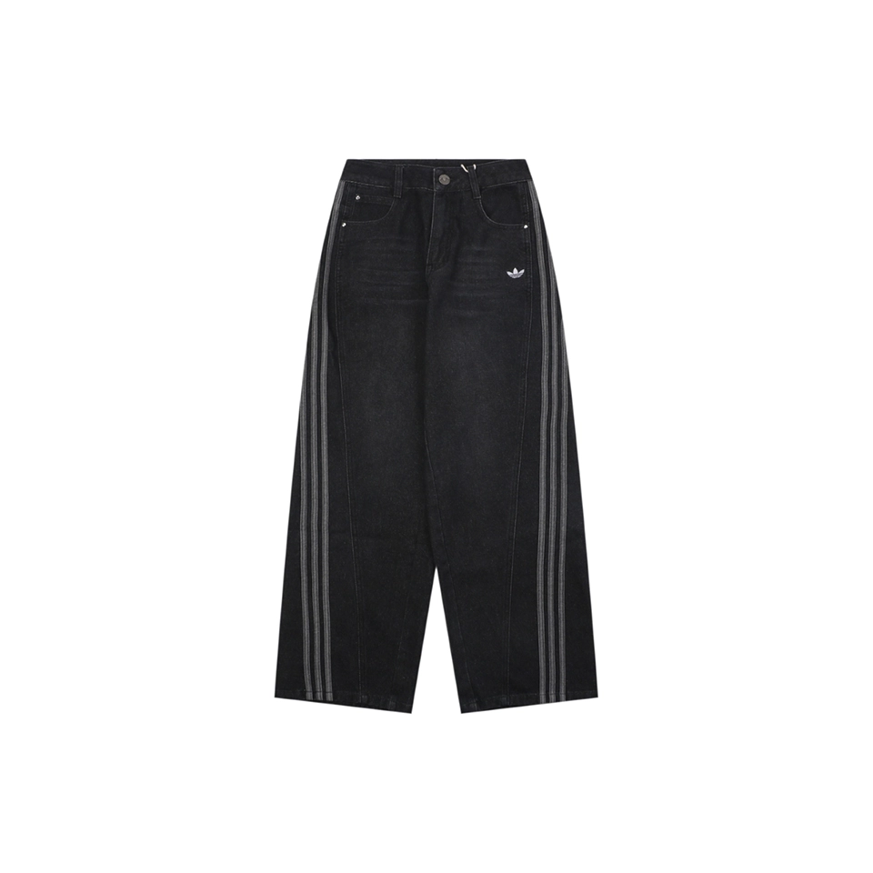 Adidas Originals Three-Stripe Denim Wide-Leg Pants Black Front view