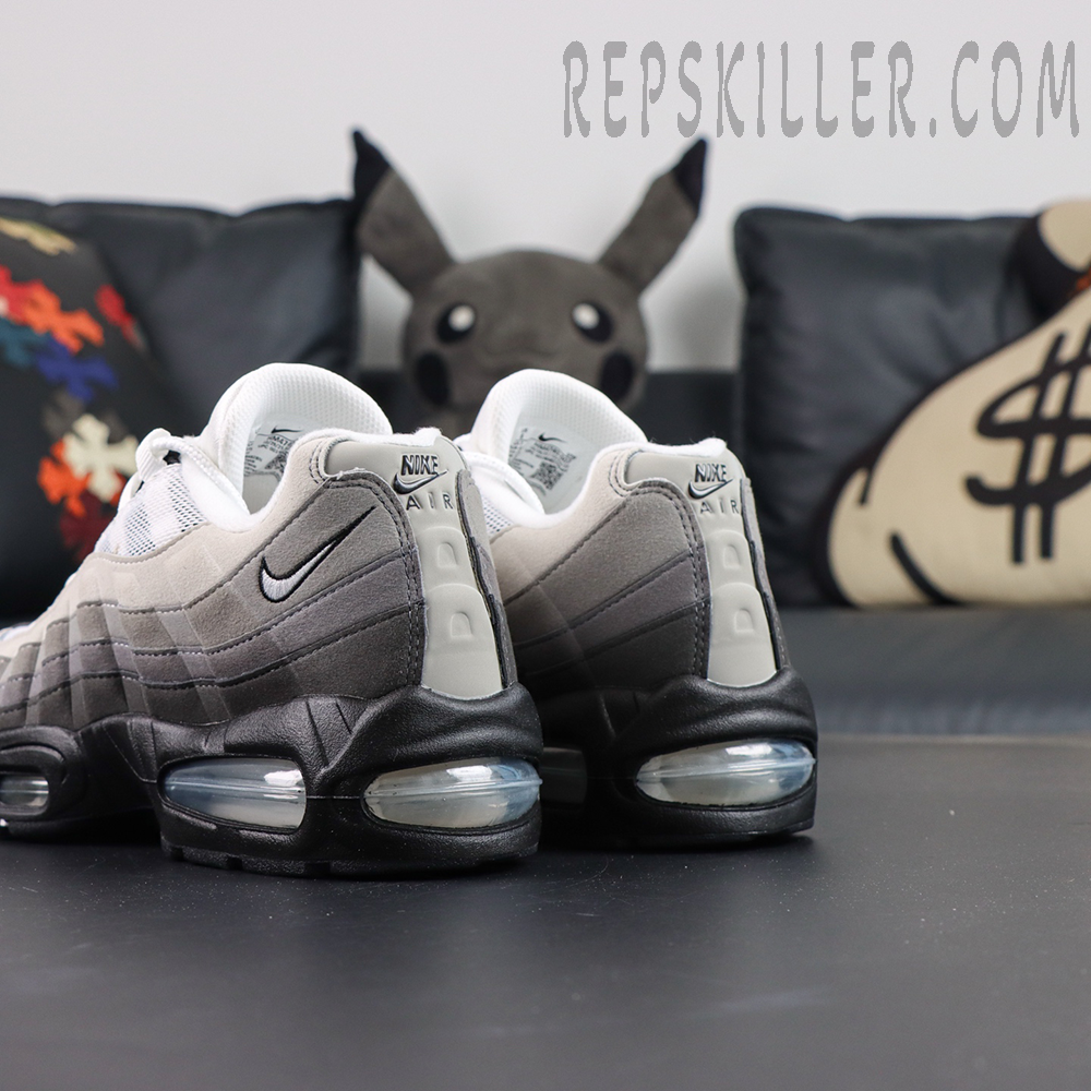 Nike Air Max 95 “Big Bubble - Granite” rear side angle with black midsole and transparent Air cushioning