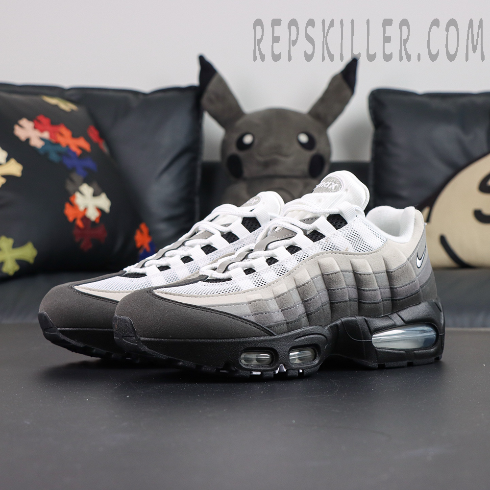 Nike Air Max 95 “Big Bubble - Granite” pair display with tonal grey gradient upper