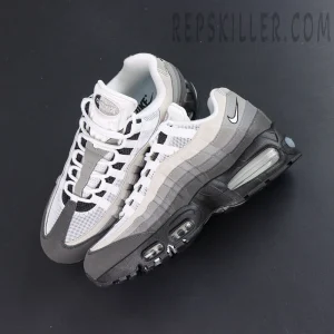 Nike Air Max 95 “Big Bubble - Granite” top-down view with gradient grey upper and white lace details