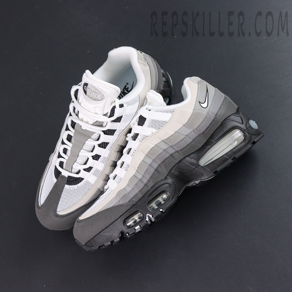 Nike Air Max 95 “Big Bubble - Granite” top-down view with gradient grey upper and white lace details