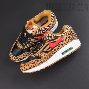 Atmos x Nike Air Max 1 DLX “Animal Pack” 2018 top-down view highlighting leopard, tiger and pony hair panel construction
