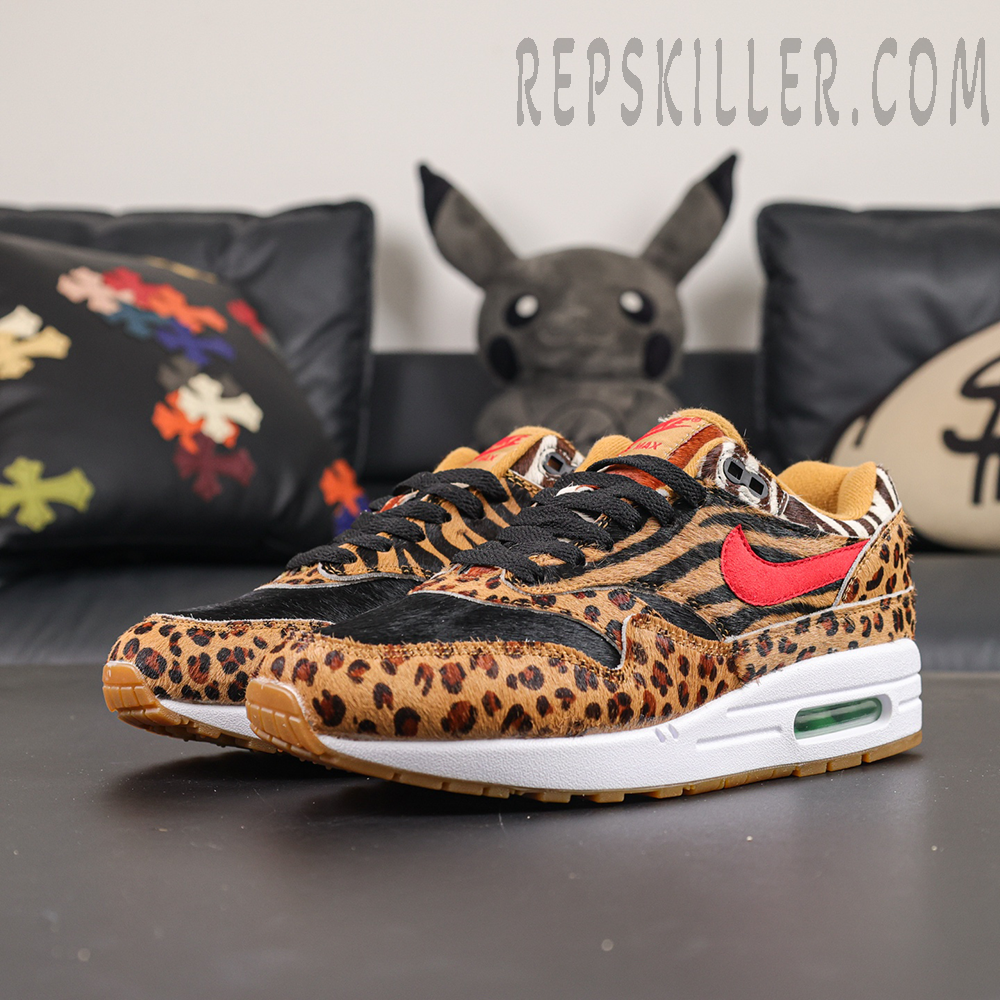 Atmos x Nike Air Max 1 DLX “Animal Pack” 2018 front angle view combining the classic Air Max 1 silhouette with bold animal prints