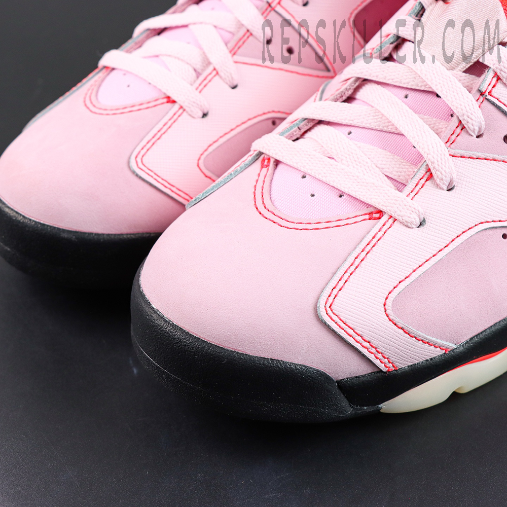 Awake NY x Air Jordan 6 Retro “Playful Pink Infrared” toe box detail with soft pink leather and vivid pink stitching accents