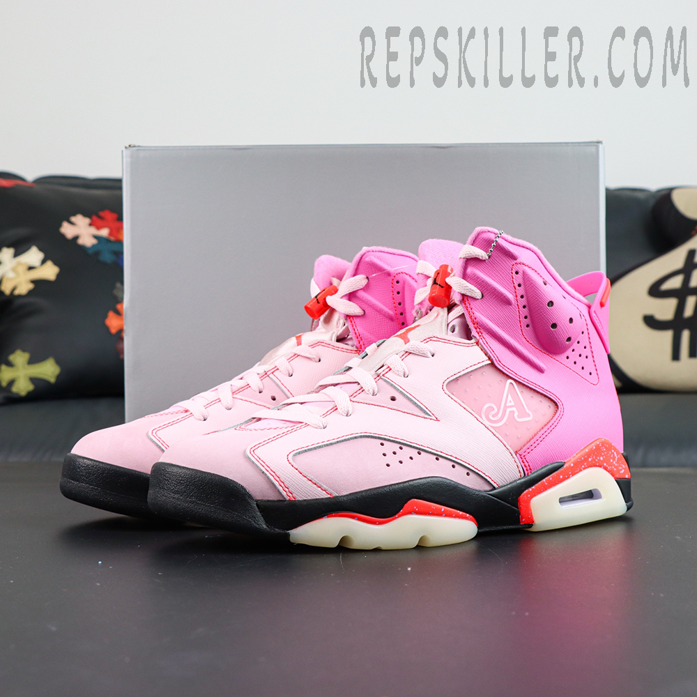 Awake NY x Air Jordan 6 Retro “Playful Pink Infrared” front view featuring pink upper and bright infrared speckled midsole