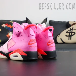 Awake NY x Air Jordan 6 Retro “Playful Pink Infrared” heel view showcasing Awake NY embroidery and signature heel pull tab