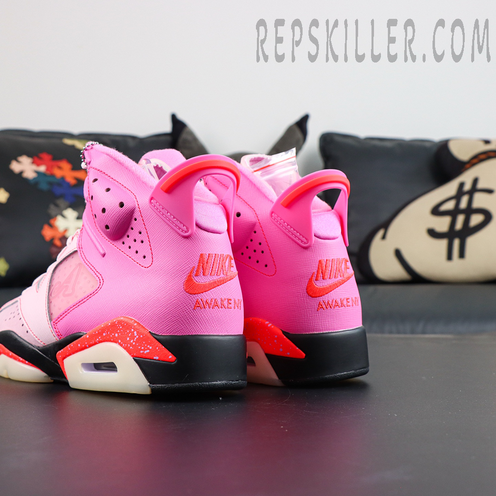 Awake NY x Air Jordan 6 Retro “Playful Pink Infrared” heel view showcasing Awake NY embroidery and signature heel pull tab