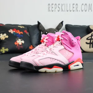 Awake NY x Air Jordan 6 Retro “Playful Pink Infrared” full pair display featuring pink high-top silhouette and speckled midsole accents