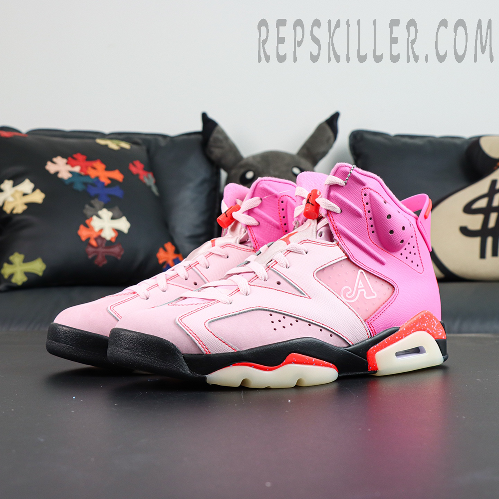 Awake NY x Air Jordan 6 Retro “Playful Pink Infrared” full pair display featuring pink high-top silhouette and speckled midsole accents