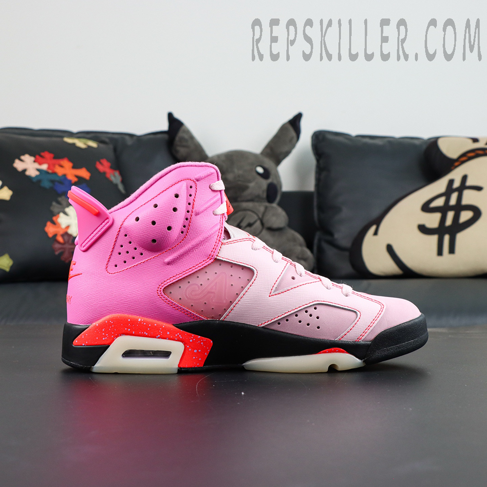 Awake NY x Air Jordan 6 Retro “Playful Pink Infrared” lateral side view with bold pink upper and visible Air cushioning