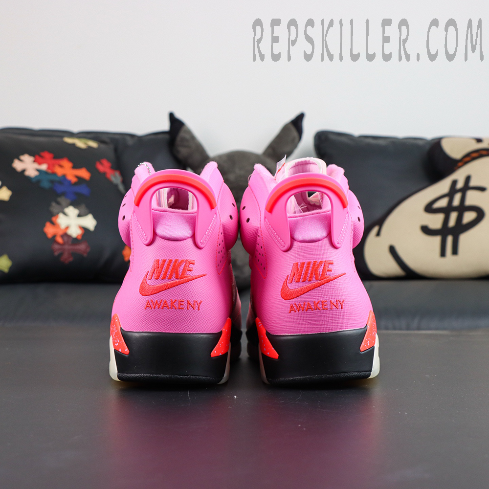 Awake NY x Air Jordan 6 Retro “Playful Pink Infrared” rear heel display featuring Nike Air and Awake NY embroidered branding