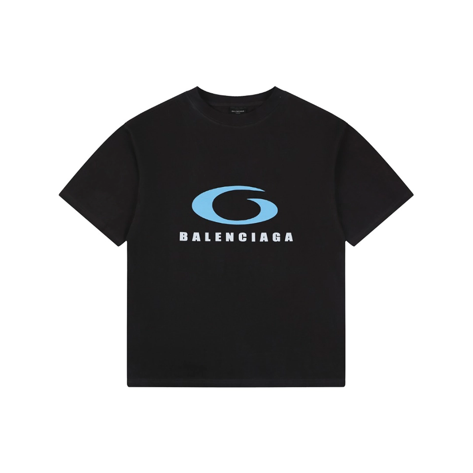 Balenciaga Blue Ring Logo Graphic T-Shirt Black Front view
