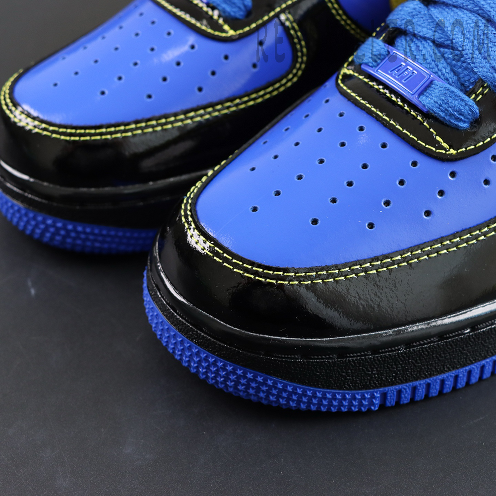 Central Cee x Nike Air Force 1 Low “Black Optic Yellow” Friends & Family toe box detail with glossy black and royal blue finish