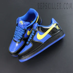 Central Cee x Nike Air Force 1 Low “Black Optic Yellow” Friends & Family top-down view with yellow Swoosh and glossy upper