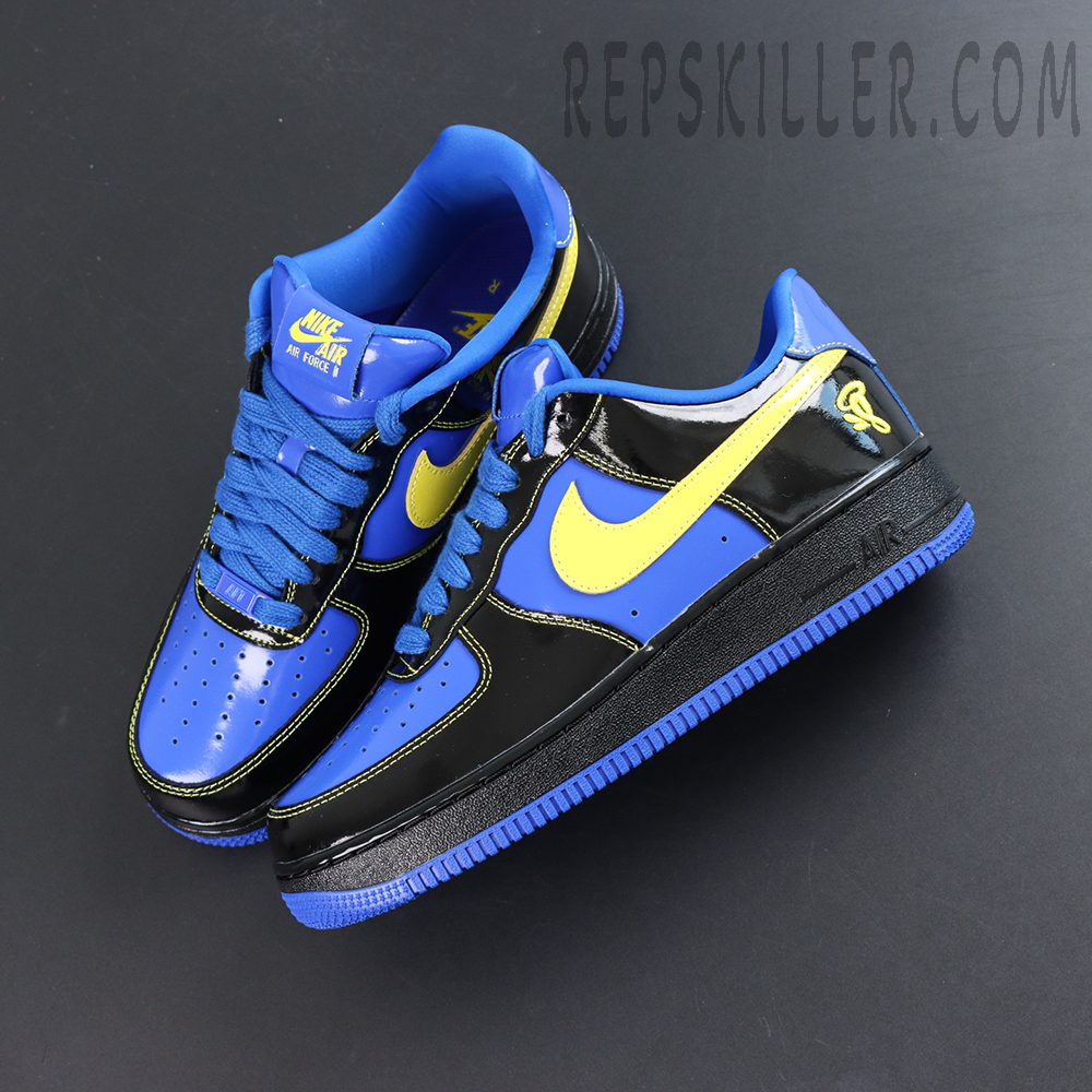 Central Cee x Nike Air Force 1 Low “Black Optic Yellow” Friends & Family top-down view with yellow Swoosh and glossy upper