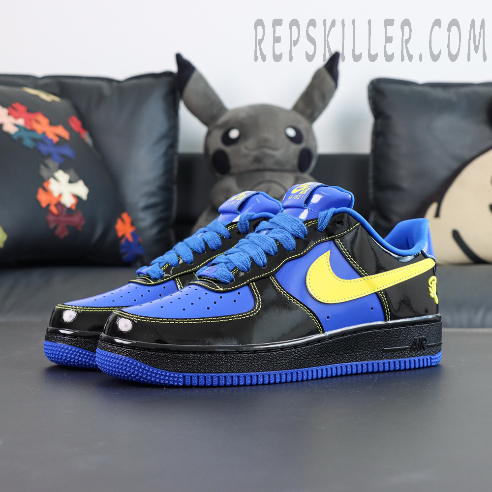 Central Cee x Nike Air Force 1 Low “Black Optic Yellow” Friends & Family angled front view with blue and black color blocking