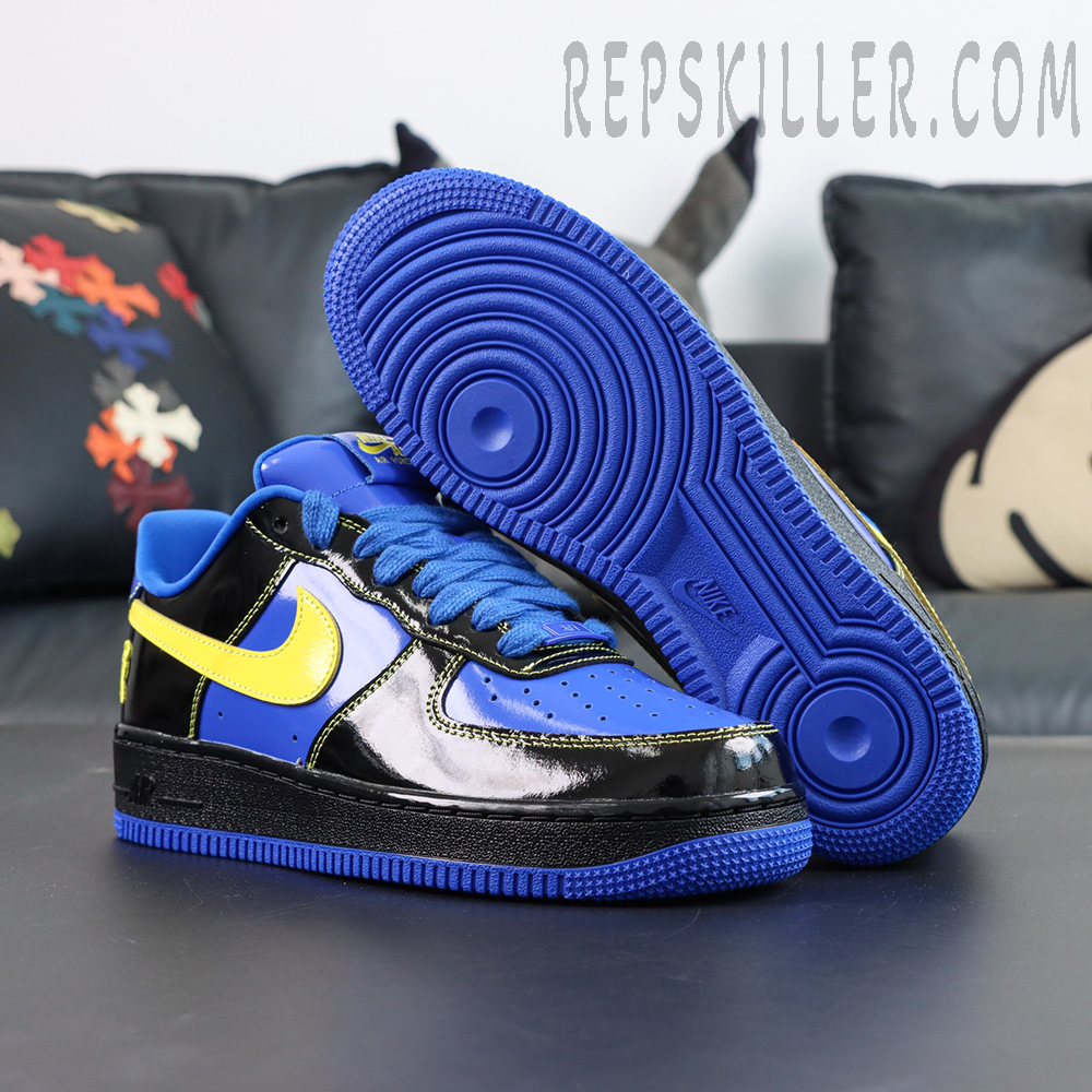 Central Cee x Nike Air Force 1 Low “Black Optic Yellow” Friends & Family outsole and side profile with vivid blue outsole