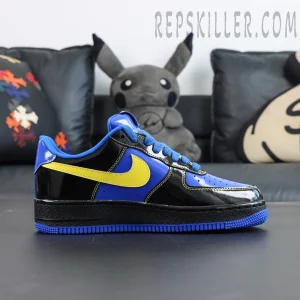 Central Cee x Nike Air Force 1 Low “Black Optic Yellow” Friends & Family lateral side view with yellow Swoosh and black patent leather upper