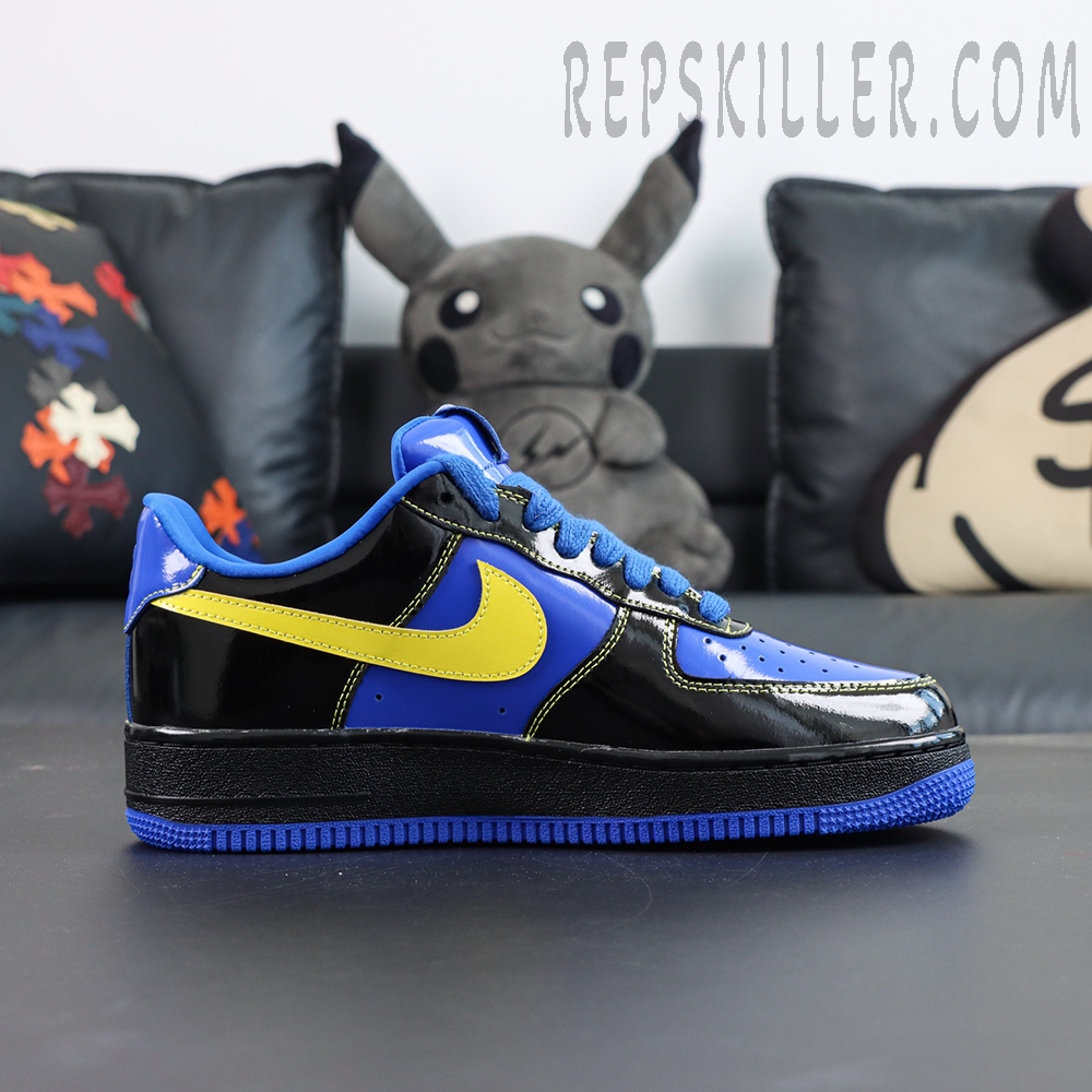 Central Cee x Nike Air Force 1 Low “Black Optic Yellow” Friends & Family lateral side view with yellow Swoosh and black patent leather upper