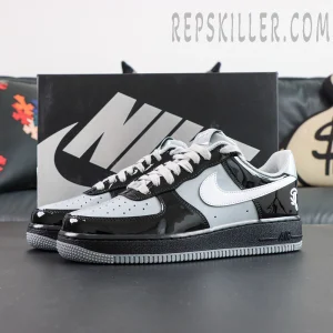 Full pair with box showcasing black and white colorway