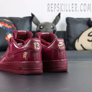 Central Cee x Nike Air Force 1 Low “Dark Beetroot” UK Exclusive heel detail with gold “13” and Nike Air embroidery