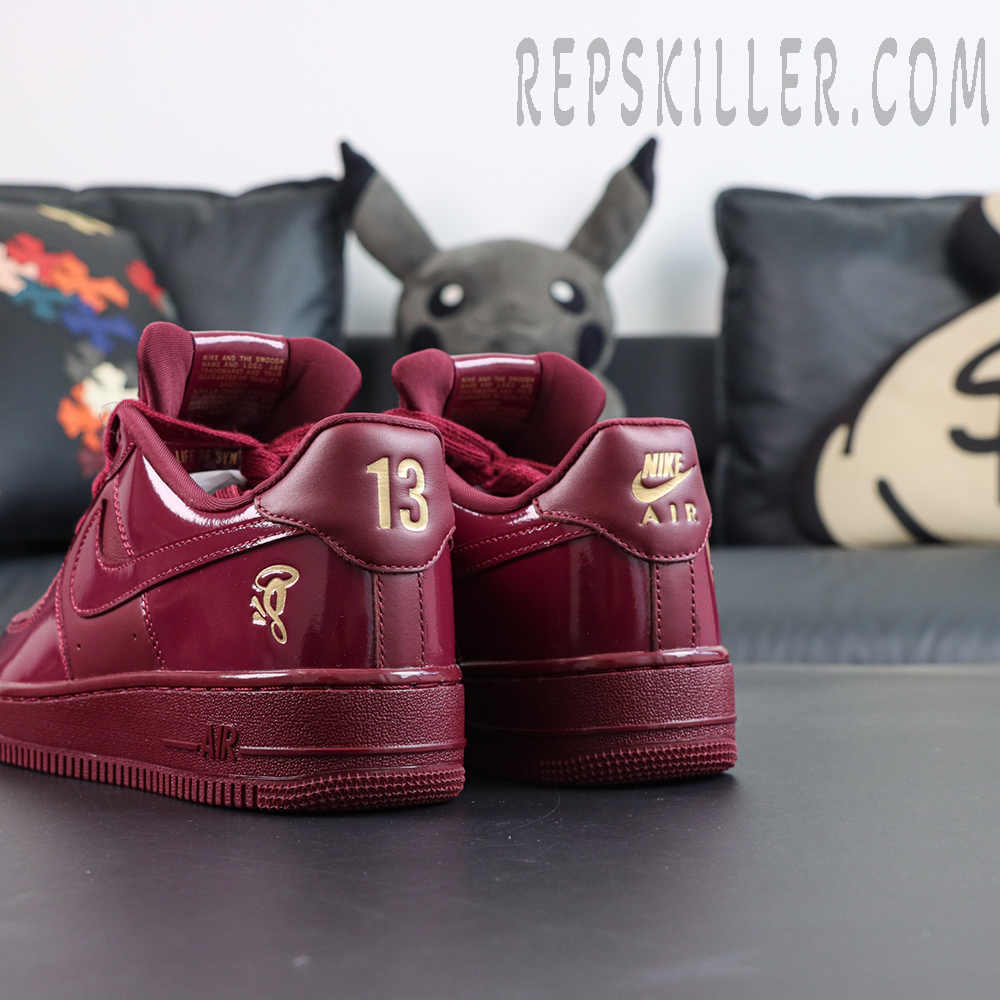 Central Cee x Nike Air Force 1 Low “Dark Beetroot” UK Exclusive heel detail with gold “13” and Nike Air embroidery