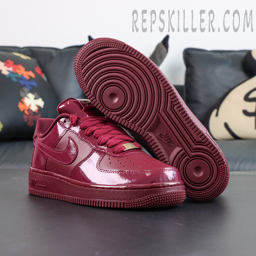 Central Cee x Nike Air Force 1 Low “Dark Beetroot” UK Exclusive outsole and side profile with monochrome beetroot finish