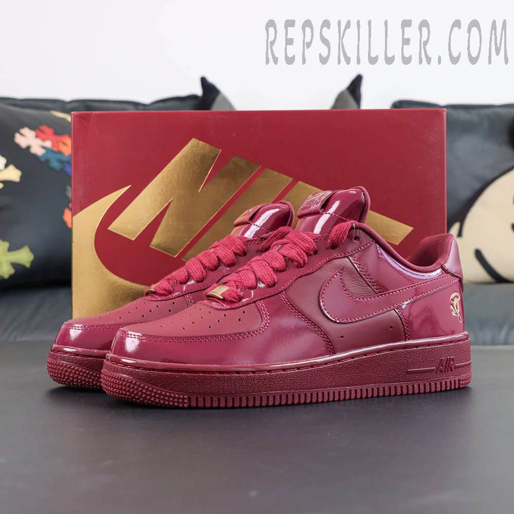 Central Cee x Nike Air Force 1 Low “Dark Beetroot” UK Exclusive in glossy burgundy patent leather with gold Nike shoebox