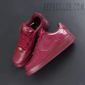 Central Cee x Nike Air Force 1 Low “Dark Beetroot” UK Exclusive top-down view with glossy burgundy upper and gold accents