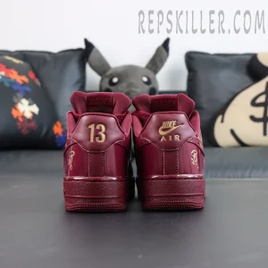 Central Cee x Nike Air Force 1 Low “Dark Beetroot” UK Exclusive rear view with burgundy outsole and gold branding accents