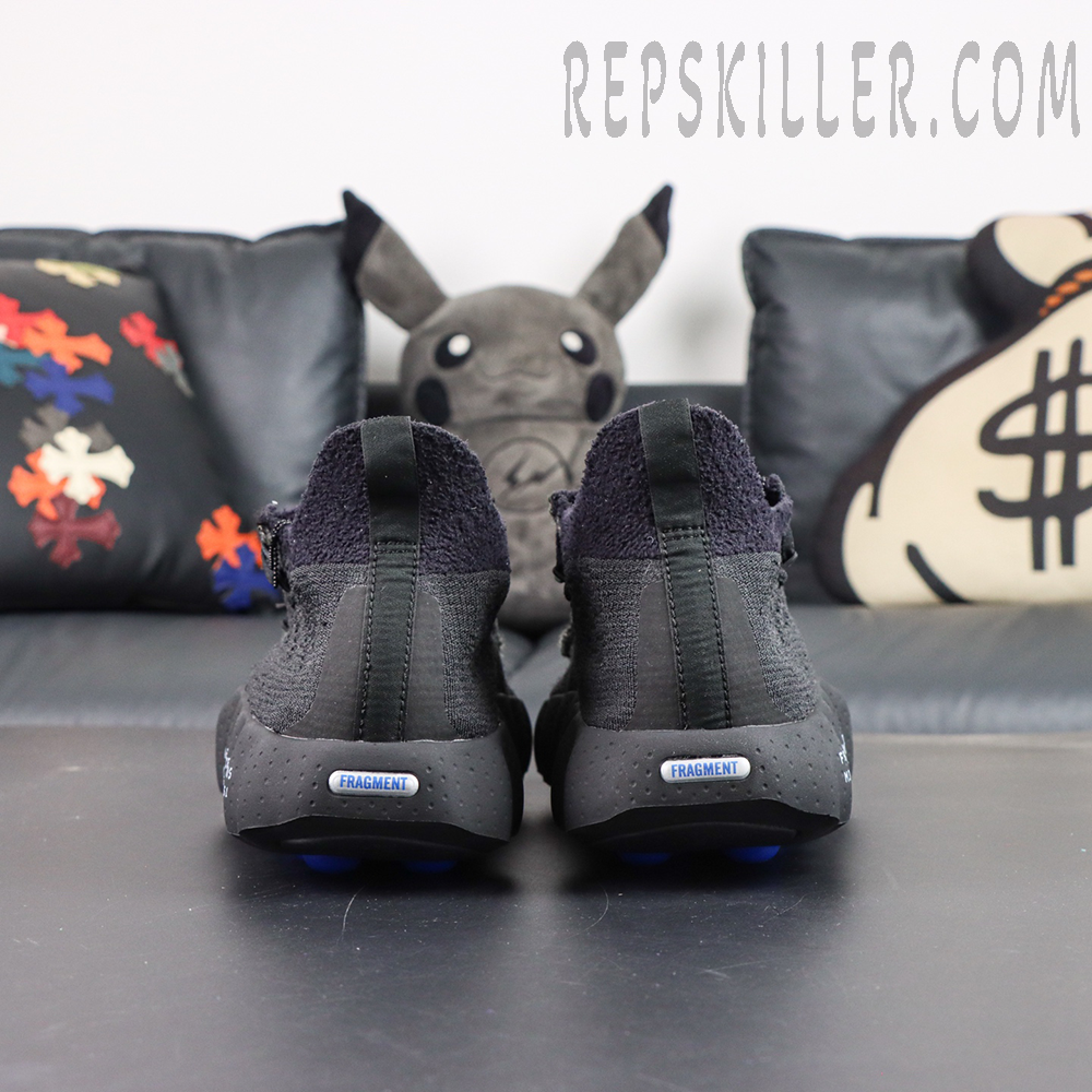 Fragment Design x Nike Mind 002 Flyknit “Black” heel view featuring Fragment branding detail