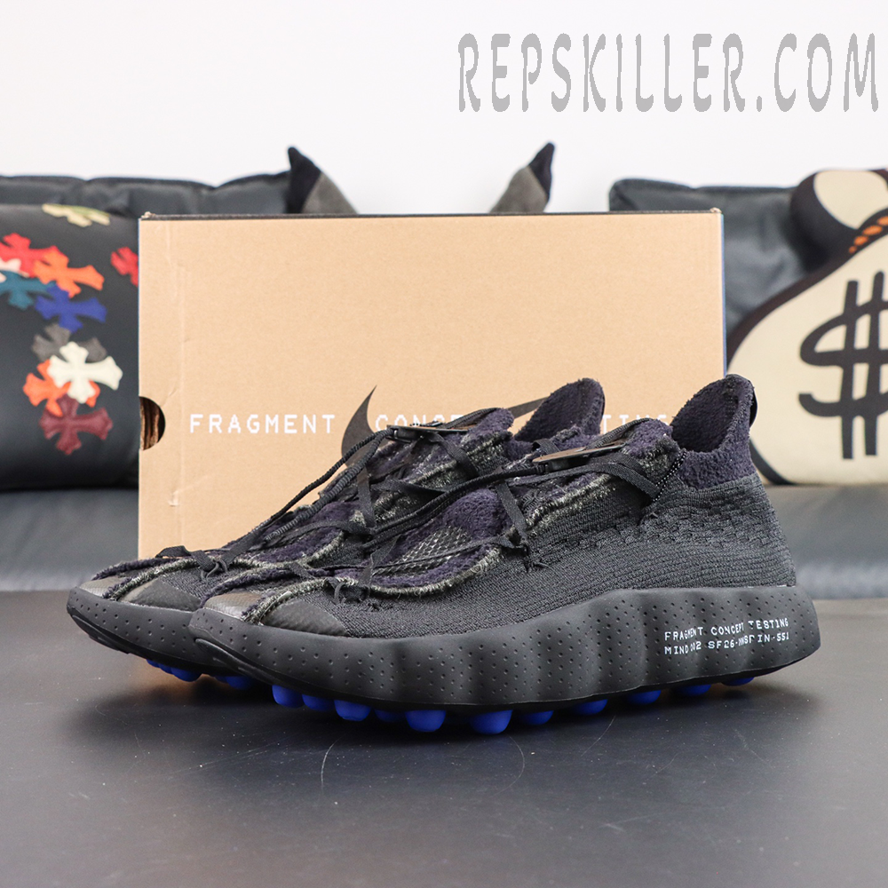 Fragment Design x Nike Mind 002 Flyknit “Black” displayed with collaborative shoebox and technical black upper