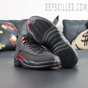 Air Jordan 12 Retro “Bloodline” overall view in black and red colorway with classic high-top basketball silhouette