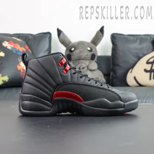 Air Jordan 12 Retro “Bloodline” lateral side profile with signature stitched upper and red Jumpman accent