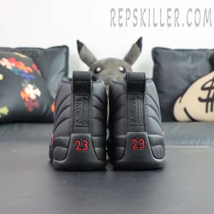 Air Jordan 12 Retro “Bloodline” heel view featuring red 23 branding and black midsole